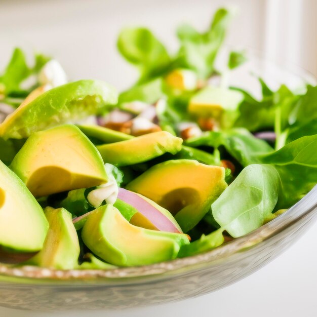 Avocado en groenten slakom op witte keukentafel muur achtergrond close-up food fotografie