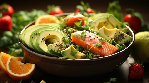 Avocado en zalm in een kom op groene achtergrond