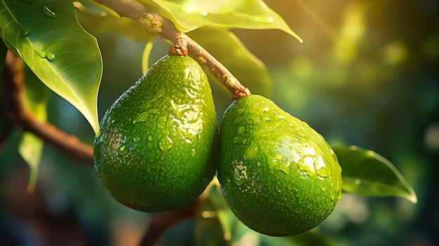 Avocado fruit on the tree with light flare glow