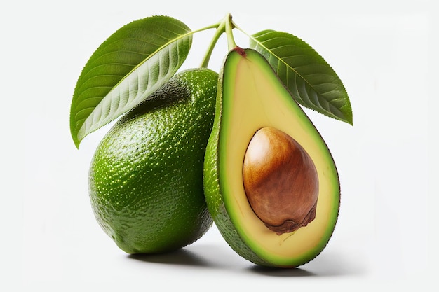 Photo avocado fruit with leafs isolated photo. avocado whole, half, slice, leaves on white background.