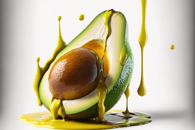 Foto frutto di avocado con olio che trasuda da esso isolato su ritaglio percorso bianco