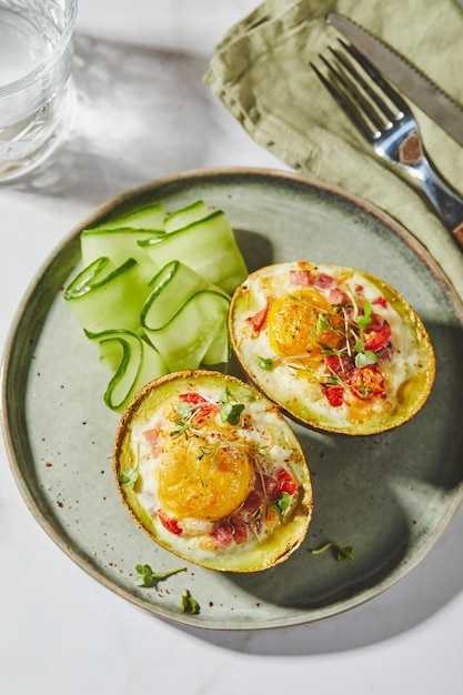 Avocado gebakken met ei ham tomaten en kaas keto lunch recept na het bakken