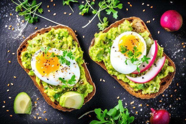 Avocado guacamole radijs eierzaadjes op toast Voedzaam en smakelijk plantaardig ontbijt Plat liggende bovenkant