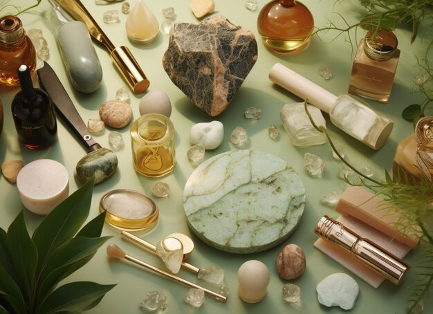 Foto metà di avocado circondata da cosmetici e elementi naturali su uno sfondo morbido