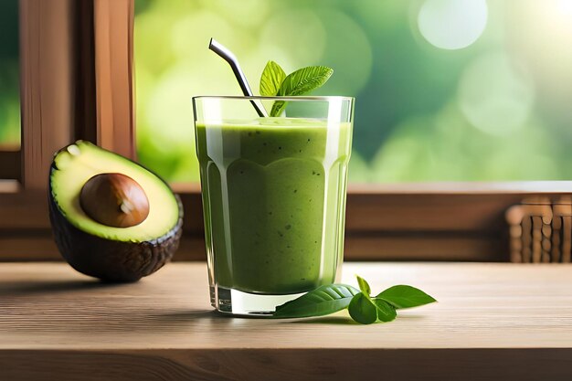 avocado in een glas met een rietje en een groene smoothie op een vensterbank.