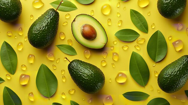 Avocado in meerdere stukken gesneden op een schone gele achtergrond Generatieve AI