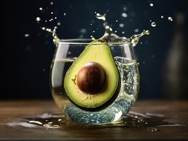 an avocado is being dropped into a glass of water