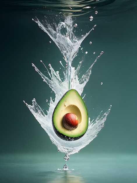 An avocado is being sprayed with water and a splash of water AI GENERATED