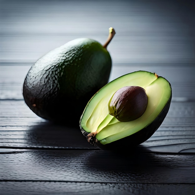 An avocado is sitting on a wooden table with the word avocado on it.