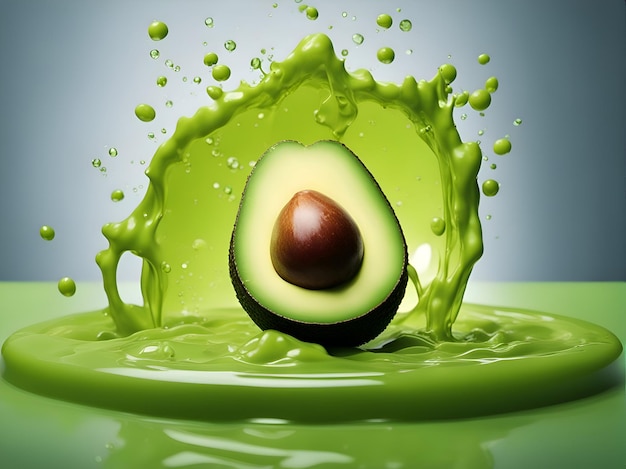 Avocado and juice splash on a green background 3d rendering