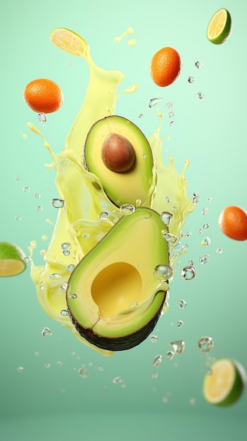 Avocado and Juices Floating in Air HighQuality 3D Render