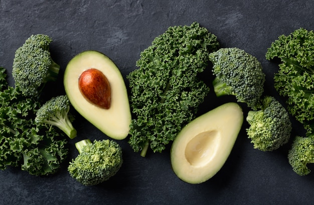 Avocado, kale and broccoli top view