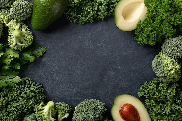 Avocado, kale and broccoli top view