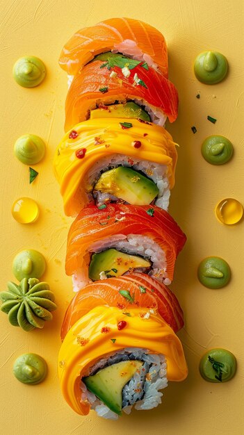 Foto avocado komkommer en kaas sushi roll