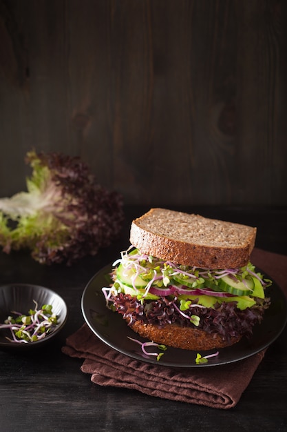 Avocado komkommersandwich met ui en radijsspruiten