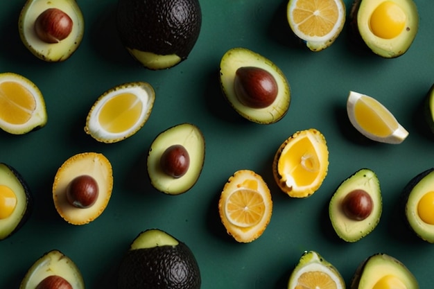 Авокадо, лимон и соль, расположенные в ряд на зеленом фоне