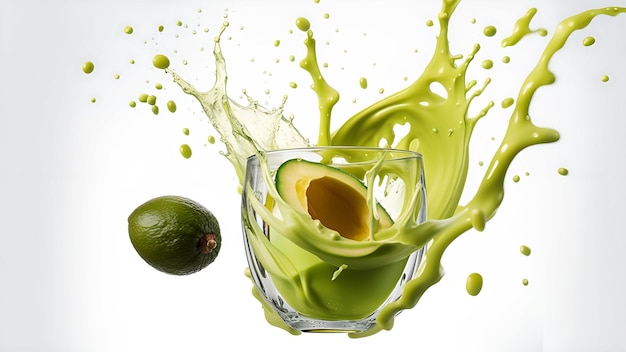 Avocado met spetteringen sap close-up cosmetica geïsoleerd op een witte achtergrond