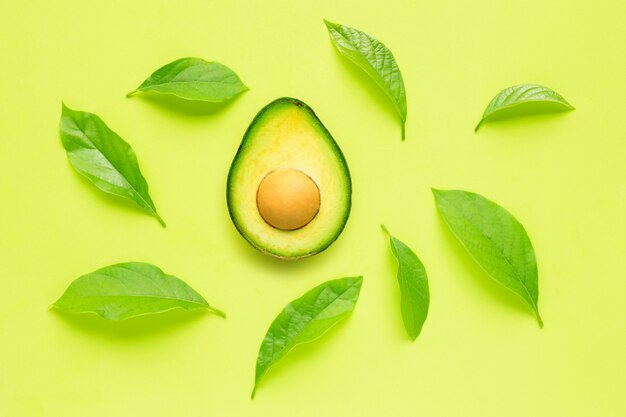 Avocado met verlof op groene achtergrond.