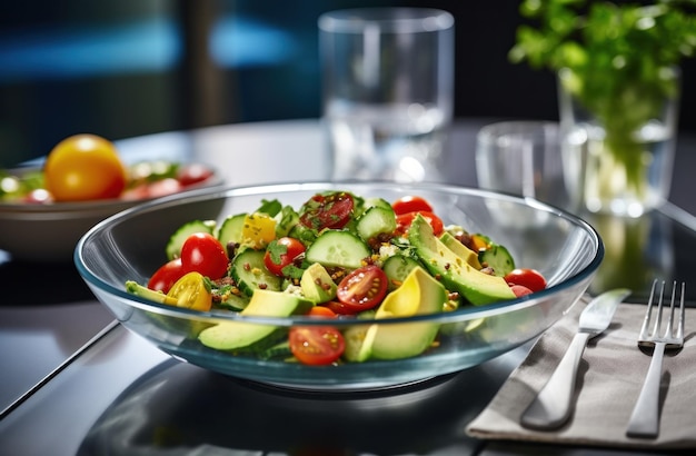 An avocado mixed salad with red cabbage and tomato