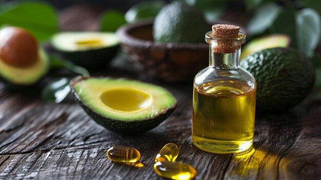 Avocado-olie-extract in een kleine fles selectieve focus Generatieve AI