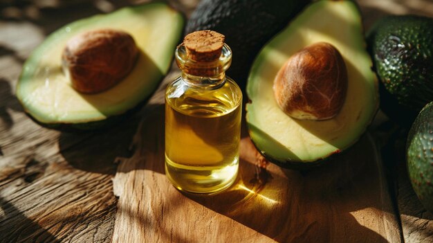 Avocado-olie-extract in een kleine fles selectieve focus Generatieve AI