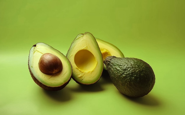 Avocado op een groene achtergrond met doorsneden