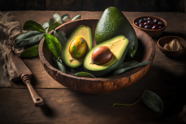 Avocado op een vintage houten tafel Op een houten kom halveert Fruit als een gezond voedingsidee