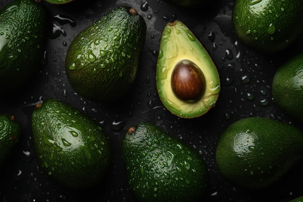 Avocado op een zwarte achtergrond met regendruppels