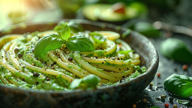 写真 テーブルの上のアボカドパスタの食事鉢