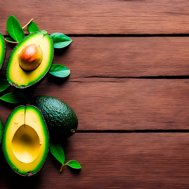 Avocado's op een houten tafel met groene bladeren