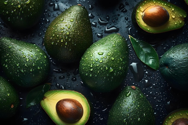 Foto avocado's op een zwarte achtergrond met waterdruppels