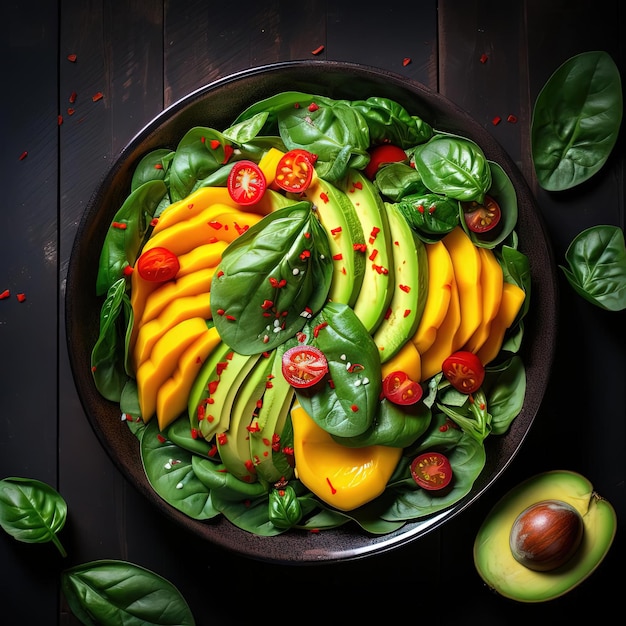 avocado salad with spinach and sweet mango in the style of reefwave