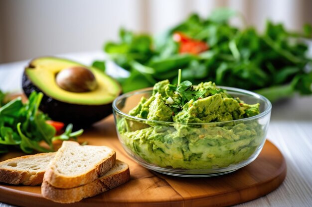 Avocado salad with toasted bread in background