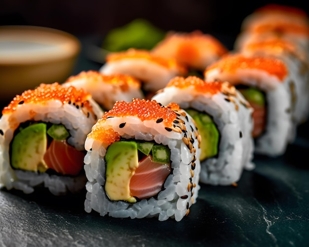 Avocado salmon and tuna in vibrant sushi rolls Generative AI