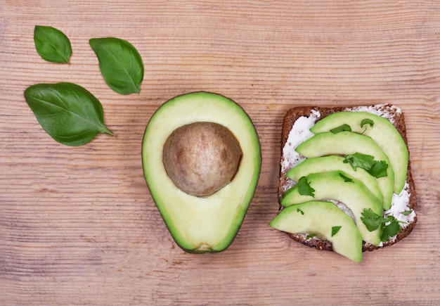 Avocado sandwich on dark rye bread made with fresh sliced avocados from above