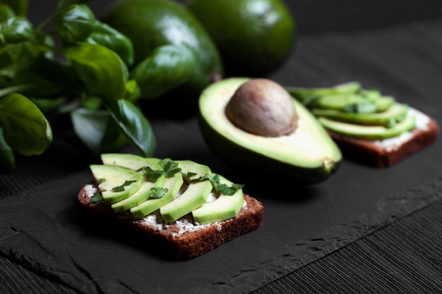 Avocado sandwich on dark rye bread made with fresh sliced avocados from above