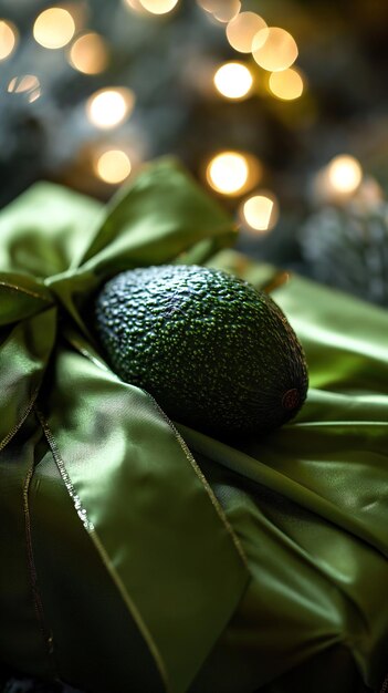 Photo avocado on satin ribbon with festive background ai generated