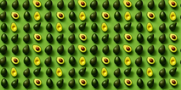 Фото Авокадо бесшовный узор зеленый овощ повторяющийся фон с целыми и половинками авокадо, вид сверху, плоский естественный красочный фон