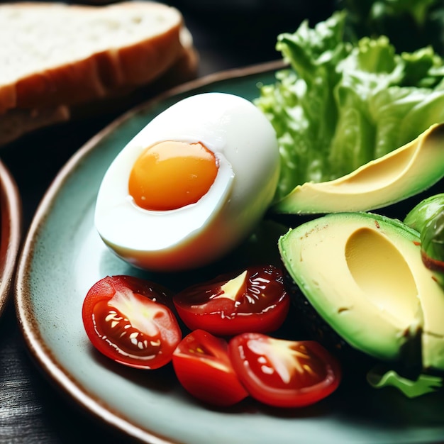 Avocado soft boiled egg tomatoes lettuce and toast on a plate Healthy food