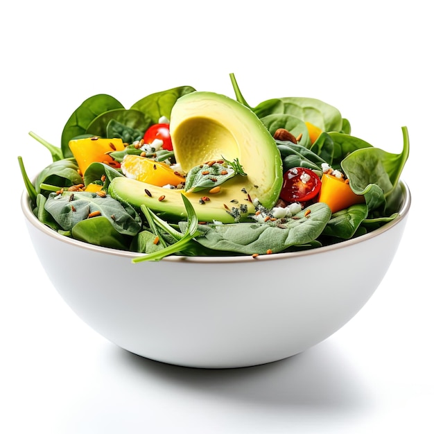 avocado spinach salad inside white bowl isolated on in the style of enigmatic tropics
