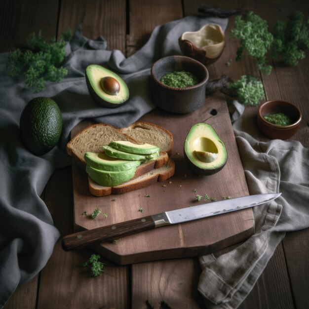 Avocado spread on the bread on table generative AI