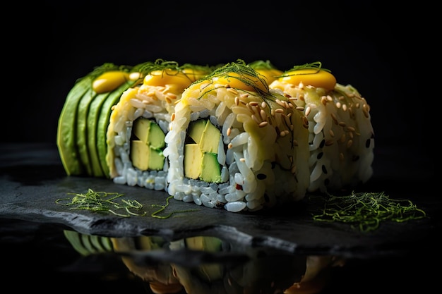 Photo avocado sushi green kappamaki rolls traditional japanese susi on dark background abstract generative ai illustration