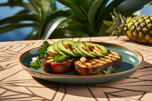 Foto avocado toast geserveerd op een leisteen schotel met een kant van gegrilde sapodilla