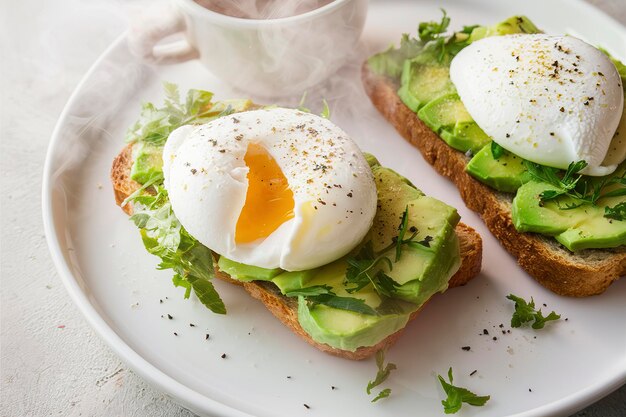 Avocado toast met een perfect gepocheerd ei bovenop met zout en peper geserveerd met koffie voor het ontbijt