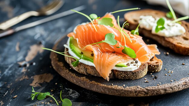 Avocado toast met gerookte zalm voor het ontbijt zelfgemaakte gerechten en traditioneel landelijk eten