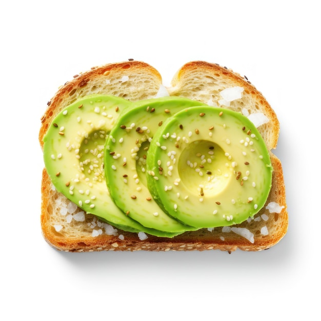 Avocado toast Sliced avocado on toast sprinkled with salt and pepper isolated