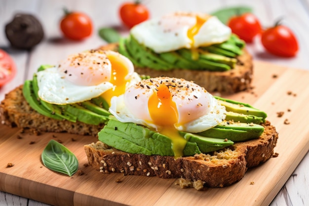 Avocado toast topped with poached eggs and fresh basil