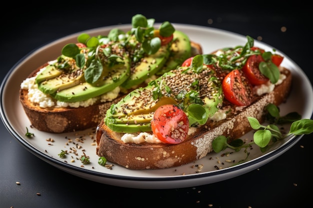 Avocado toast voor het ontbijt Roggenbrood met vers gesneden avocado stukjes tomaten kaas