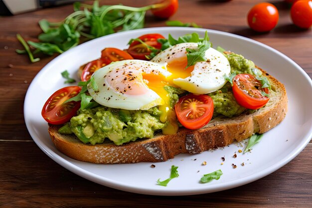 Avocado toast with eggs and roasted tomatoes