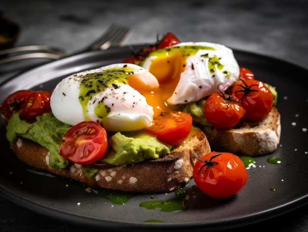 avocado toast with grilled tomatoes and poached eggs on a white plate